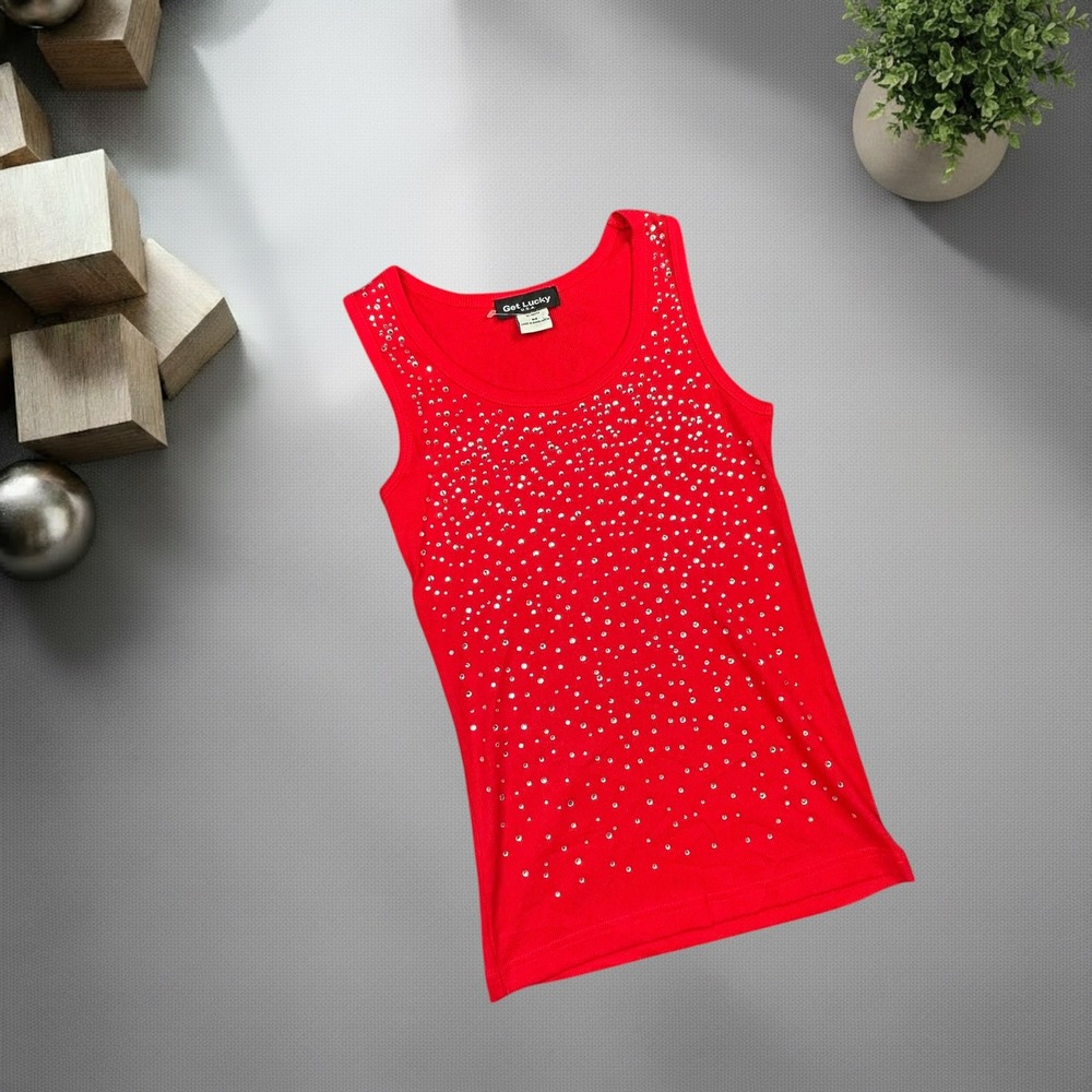 Get Lucky USA Red Rhinestone Ribbed Tank Top Women Medium Y2K Vintage Streetwear